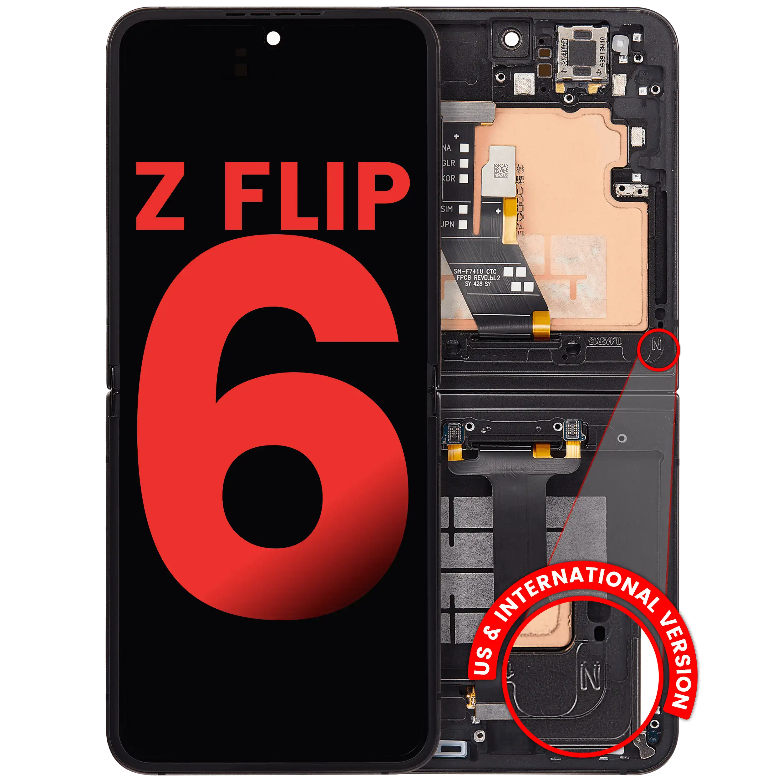 Inner OLED Assembly With Frame Compatible For Samsung Galaxy Z Flip 6 5G (F741) (US & International) (Aftermarket Plus) (Black)